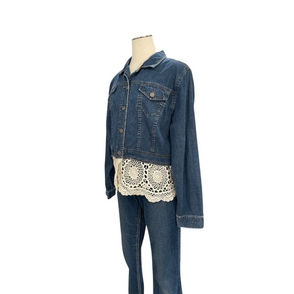 Upcycled Denim Jacket Boho Lace Crochet Hem Vintage Western Y2K Cottage Trendy - Picture 7 of 7